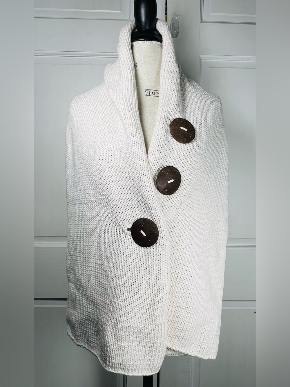 Pure Handknit Wrap Long Cream Bulky Knit Cotton Scarf 3 Coconut Buttons
